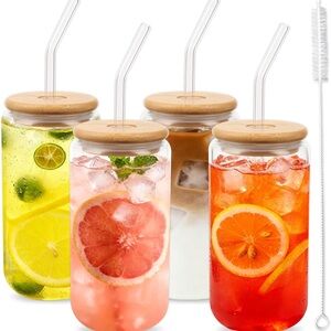 Glass Cups with Lids and Straws 16 oz, 4-Pack